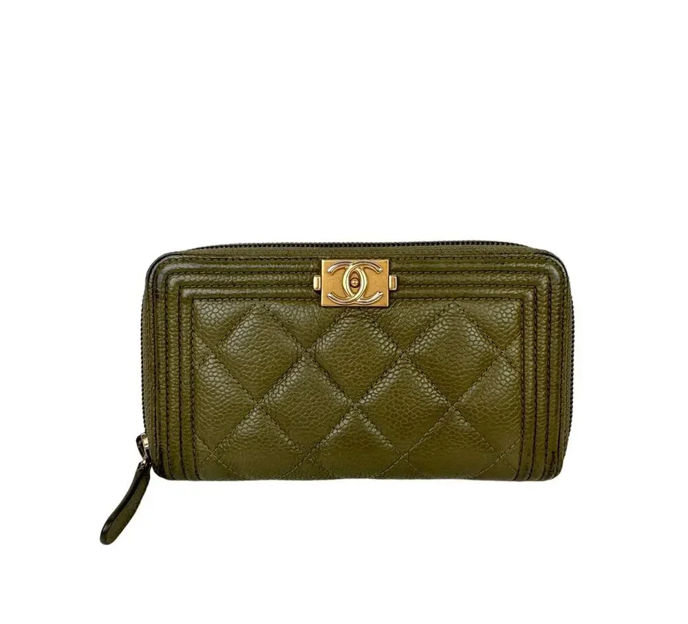 CHANEL Khaki Green Continental Wallet Leather Quilted Inner Pocket Zip Around